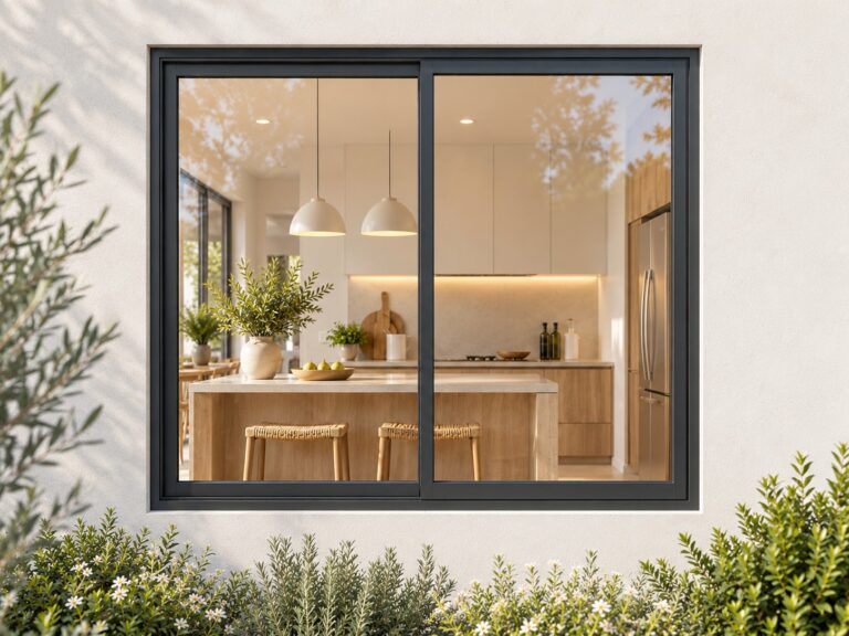Kenzo charcoal aluminium sliding window, 1200 x 1200 mm, two sliding panels – lifestyle illustration