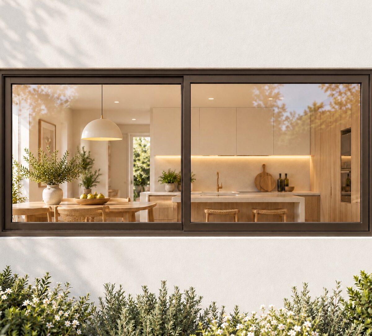 Kenzo bronze aluminium sliding window, 1200 x 600 mm, two sliding panels – lifestyle illustration