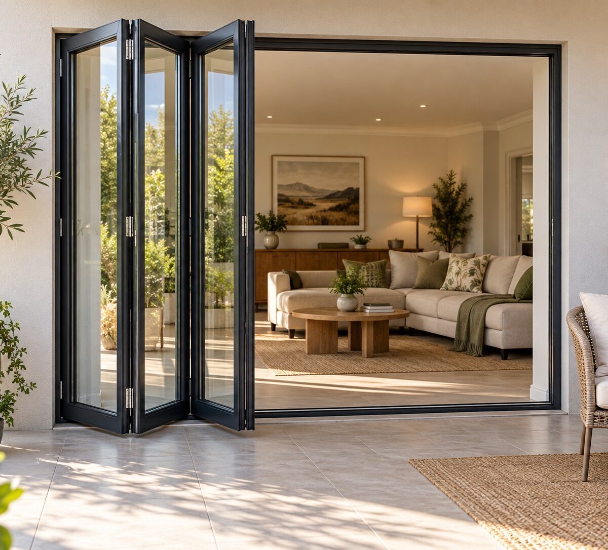 Charcoal Kenzo three-panel aluminium folding door opening left onto a patio – lifestyle illustration