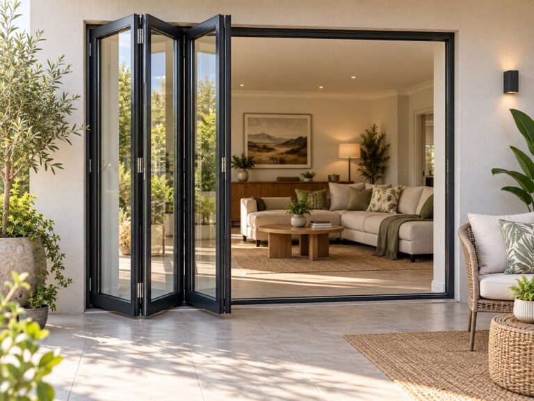Charcoal Kenzo three-panel aluminium folding door opening left onto a patio – lifestyle illustration